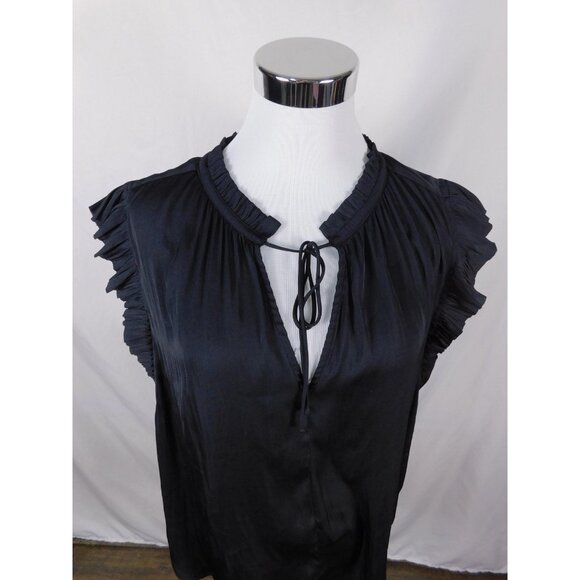 Current Air Blouse Womens XL Black Ruffle Flutter Sleeve Tie Neck Satin Pleated - Picture 2 of 12